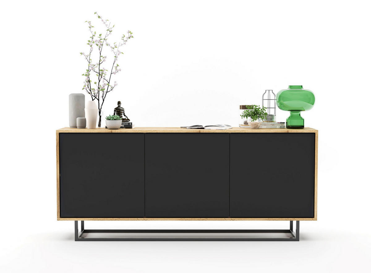 KOMMODE Apollo 3D Eiche wotan Schwarz Matt 168 cm - Schwarz, Holzwerkstoff/Metall (168/72/35cm) - Meble Lindner
