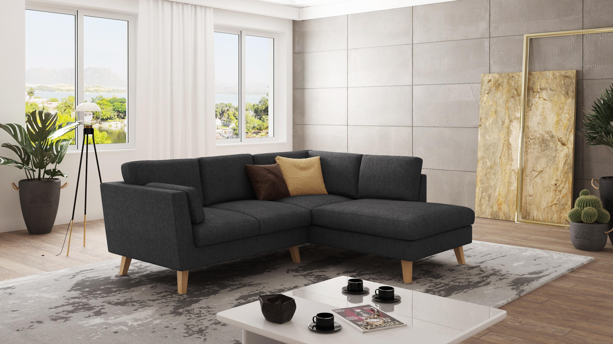 ECKSOFA Mario Graphit Microfaser - Graphitfarben/Naturfarben, Buchenholz/Textil (221/186cm) - S-Style Möbel
