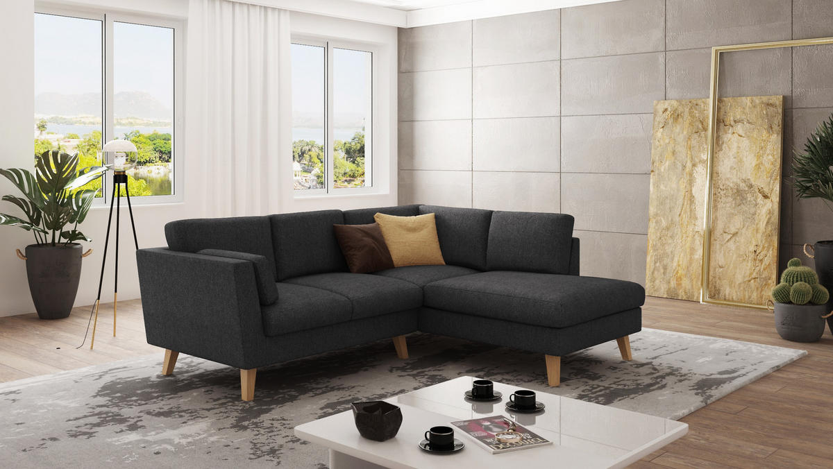 ECKSOFA Mario Graphit Microfaser - Graphitfarben/Naturfarben, Buchenholz/Textil (221/186cm) - S-Style Möbel
