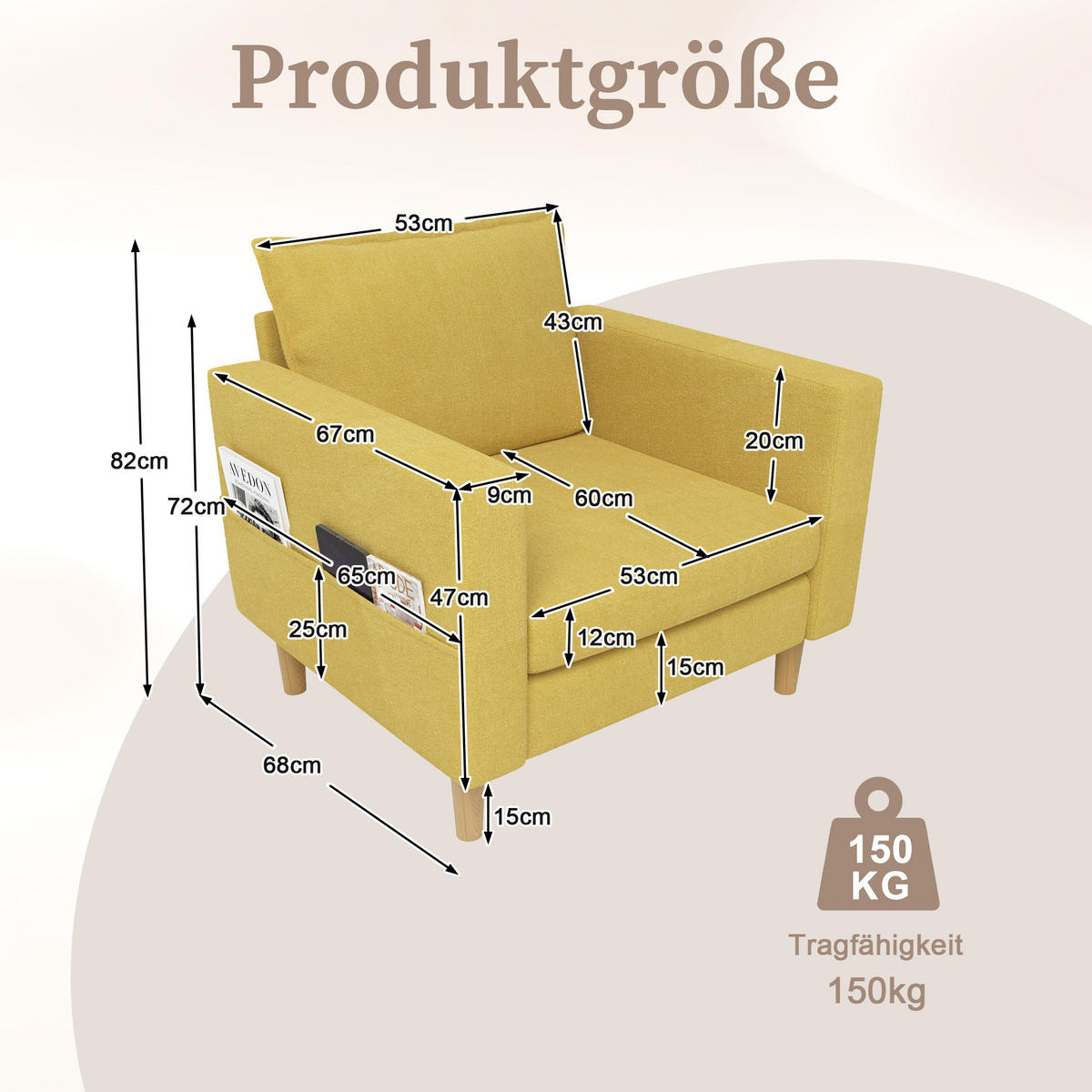 SESSEL 71/68/82 cm in Senfgelb aus Chenille mit Seitentasche - Currygelb, Textil (71/82/68cm) - BEAOK