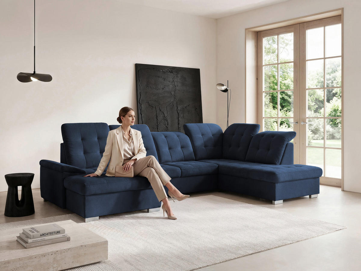 WOHNLANDSCHAFT ANON Ottomane Rechts, mit Schlaffunktion und Bettkasten, Dunkelblau - Dunkelblau, Kunststoff/Textil (322/87/220cm) - Idohome