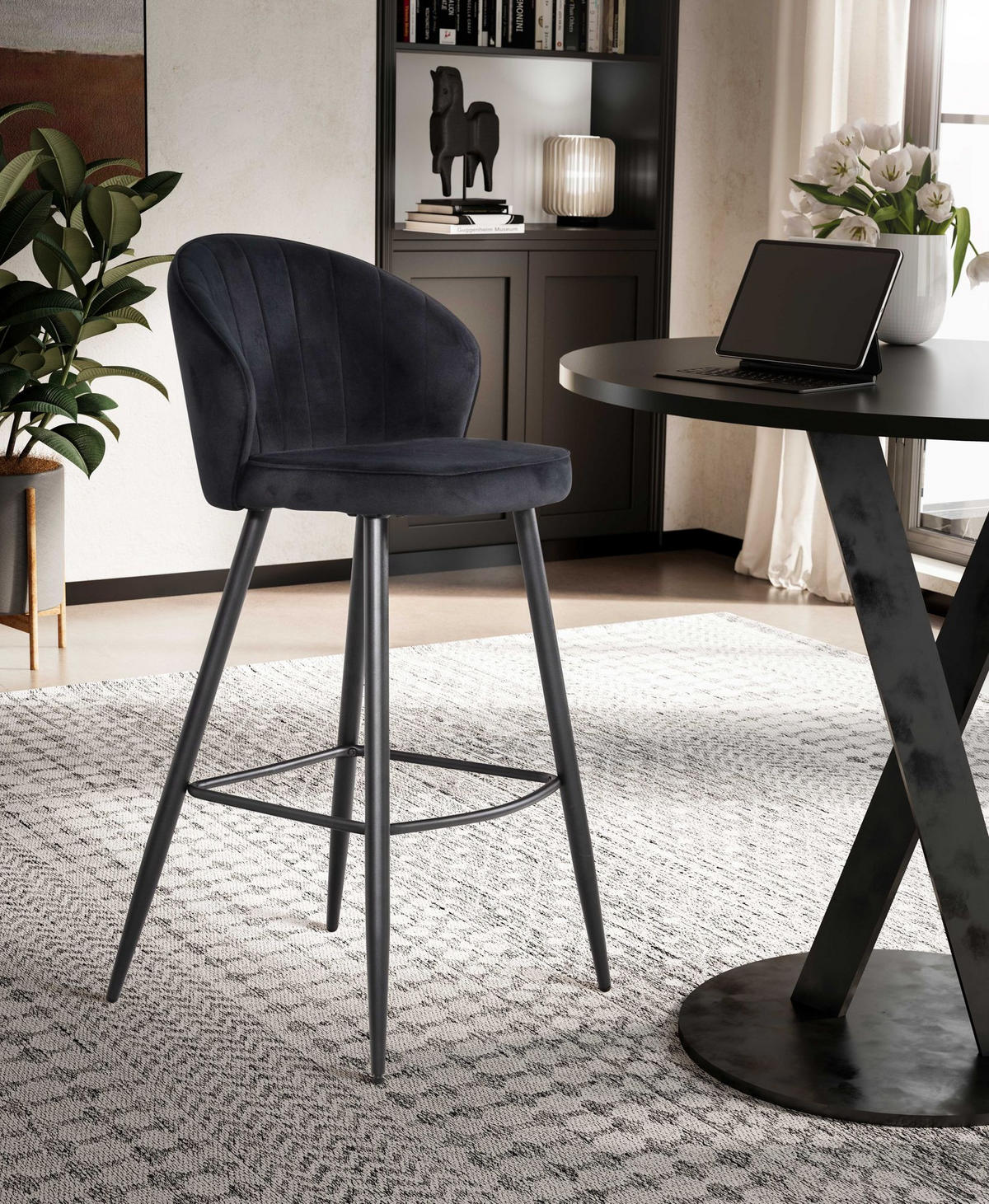 BARHOCKER Samt Lehne Skandi-Stil Stoff Metall Gepolstert, Schwarz 53x56x103 cm - Schwarz, Textil/Metall (53/103/56cm) - KADIMA DESIGN