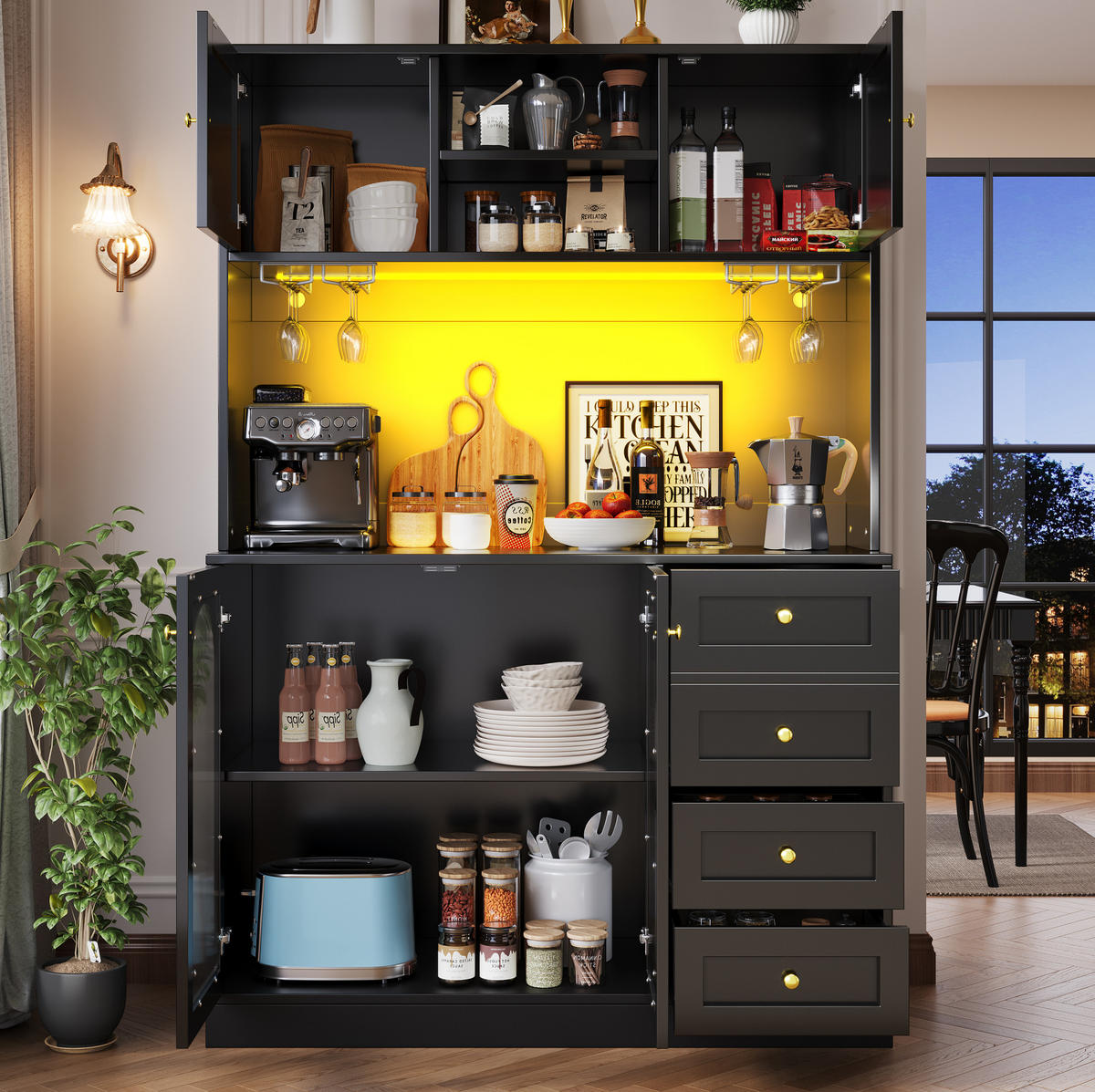 BUFFETSCHRANK 120/40/188 cm schwarz aus MDF mit LED-Lichtleiste - Schwarz, Holzwerkstoff (120/188/40cm) - OKWISH