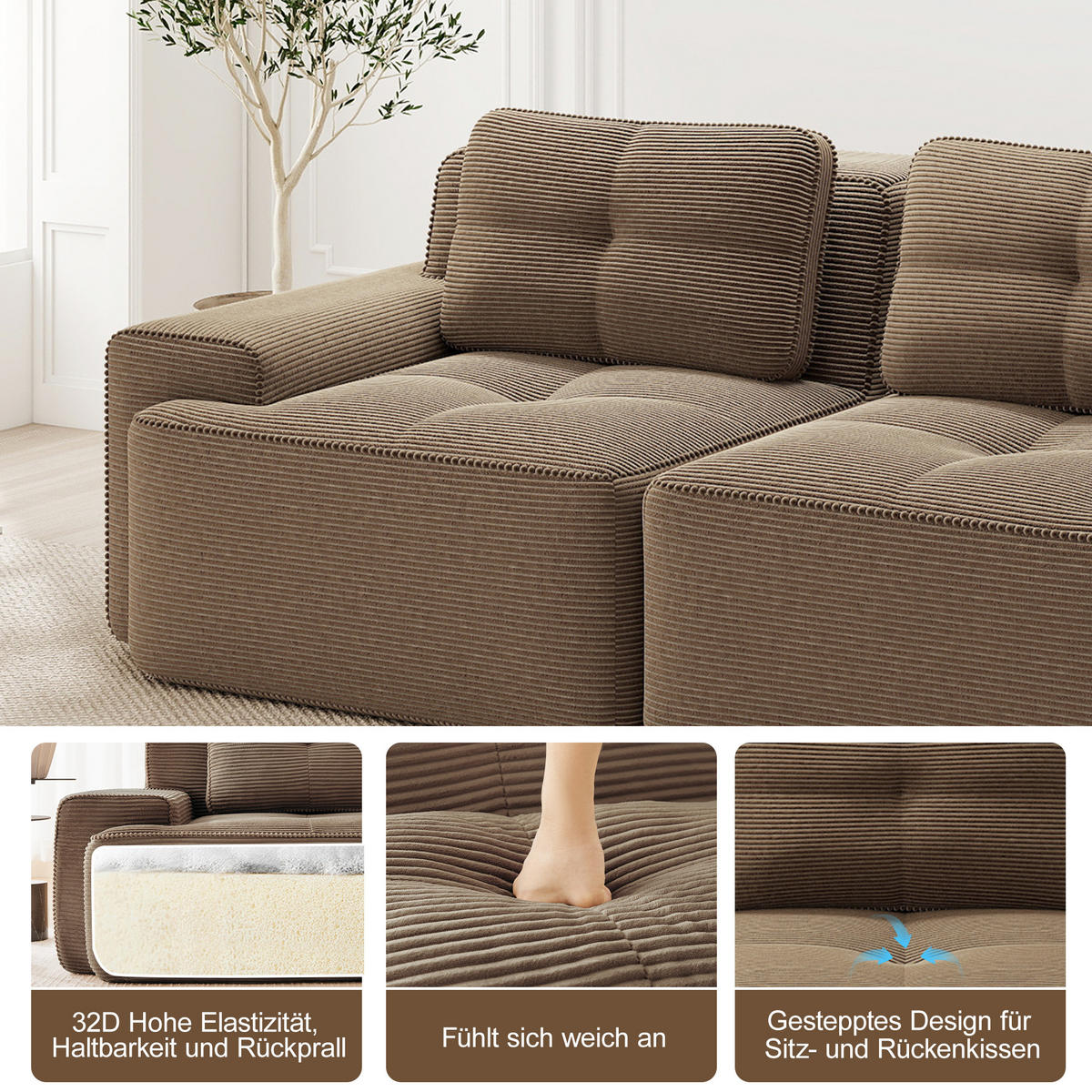 2-SITZER SOFA cord braun modular & extratiefer sitz - Walnussfarben, Textil (204/69/104cm) - Urban Meuble