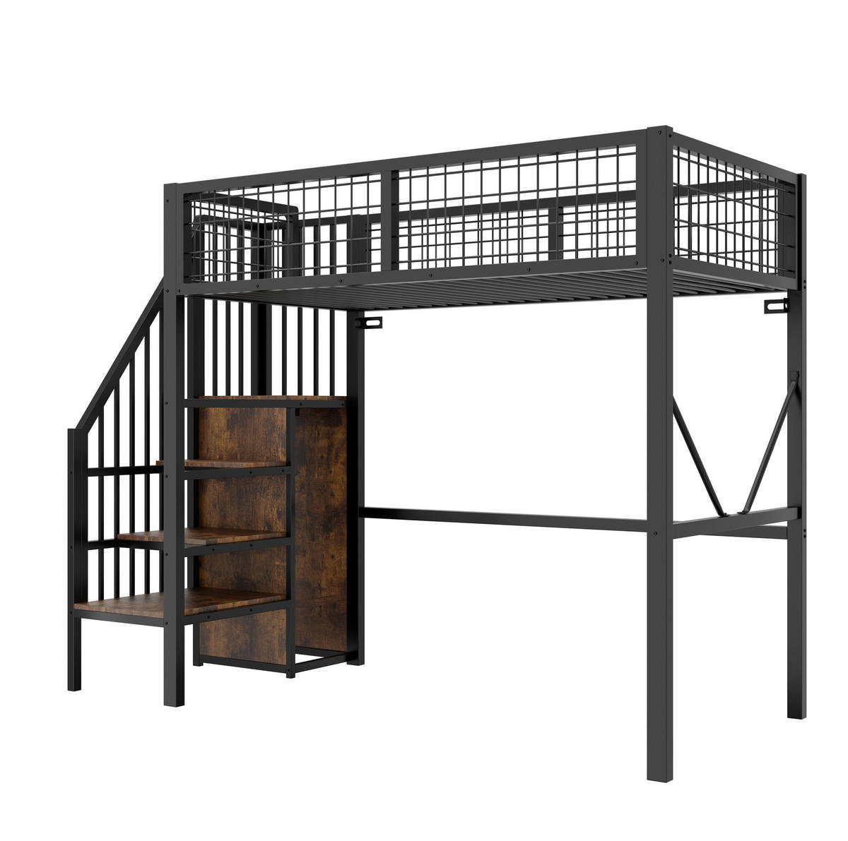 HOCHBETT aus Metall und Holz 90x200 cm Schwarz mit Stauraumleiter und LED-Beleuchtung - Schwarz, Metall (90/200cm) - Modfu