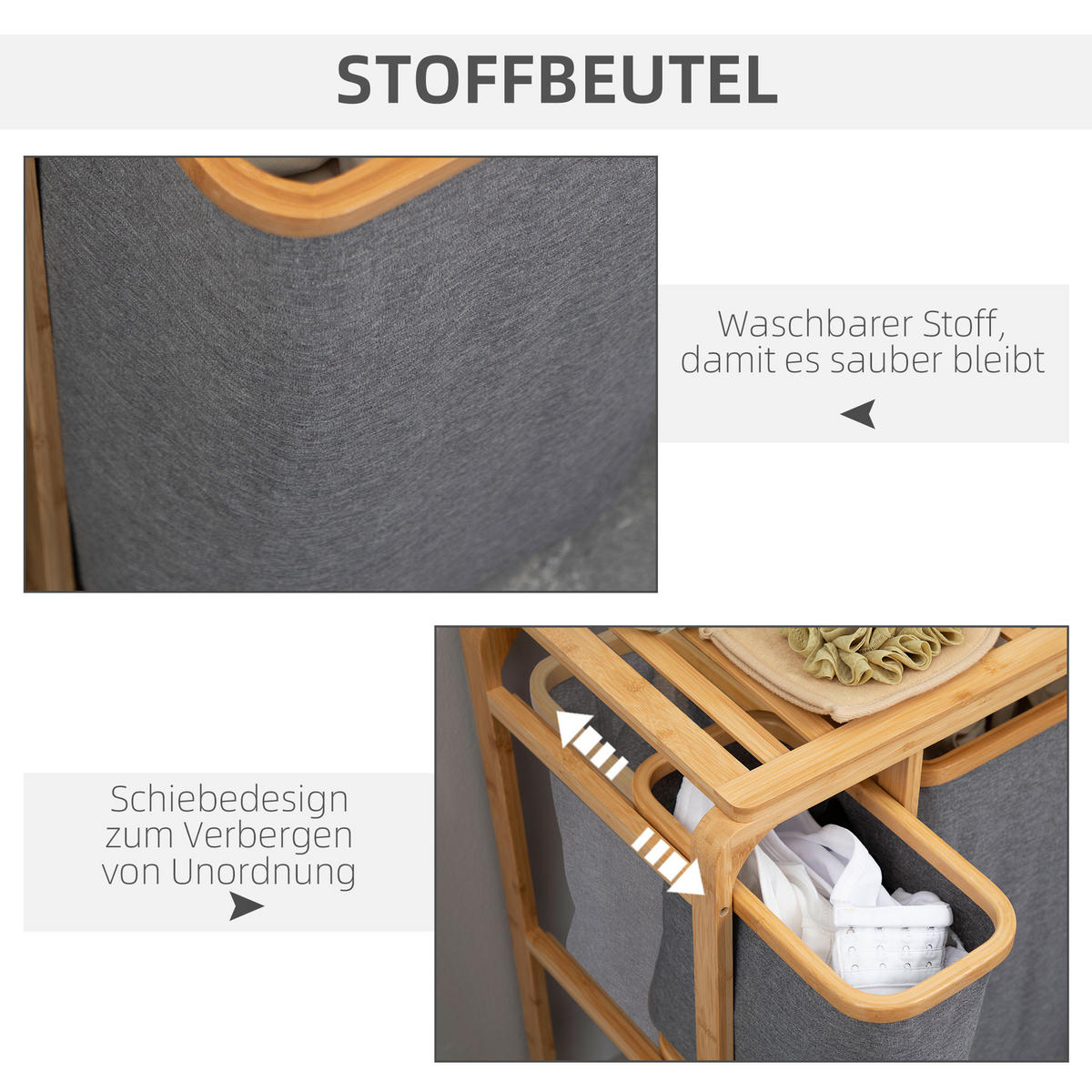 WÄSCHEKORB, Bambus, Polyester Natur+Grau - Multicolor, Naturmaterialien (32/69.7/50cm) - HOMCOM