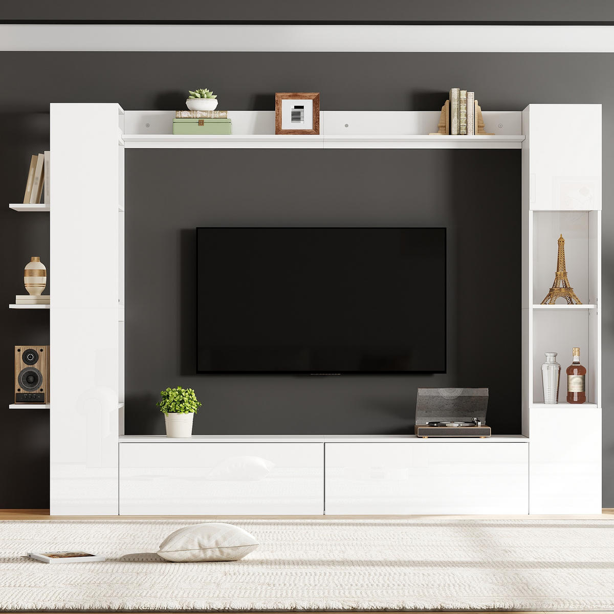 WOHNWAND mit TV-Bereich, offenen Regalen und Stauraum Weiß moderne Standardgröße MDF - Weiß, Holzwerkstoff (228/170/30cm) - EVRYAE