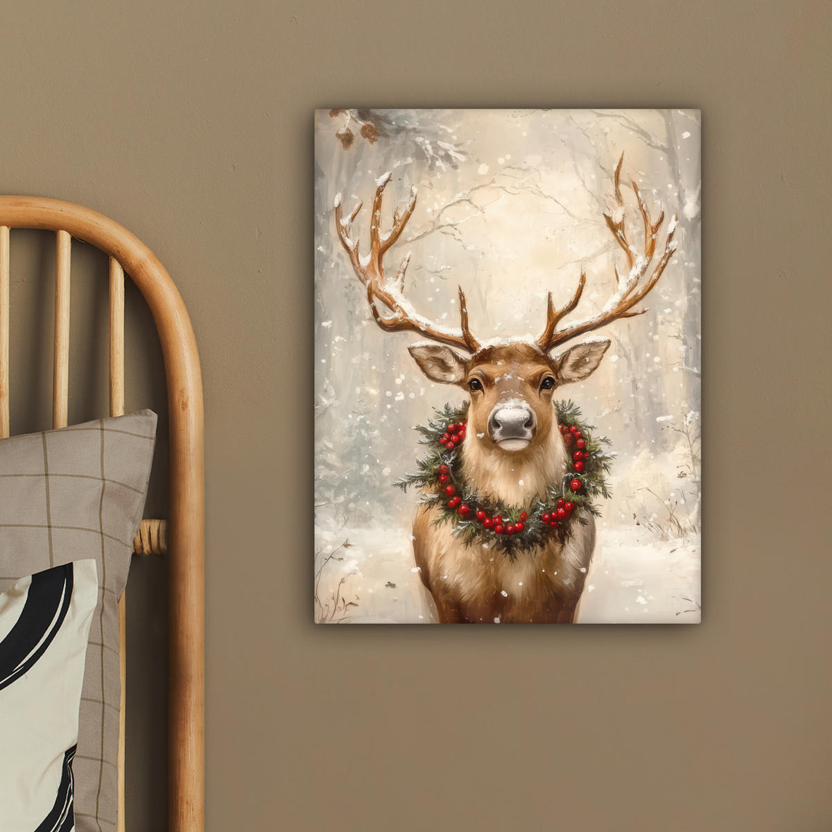 LEINWANDBILD Weihnachten - Rentier - Winter - Kranz 30x40 cm - Naturfarben, Textil (30/40cm) - MuchoWow