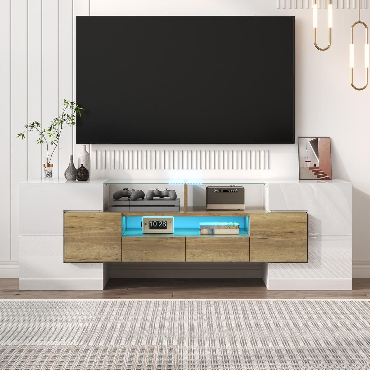 TV-SCHRANK Lowboard Hochglanz Weiß 145cm LED-Beleuchtung Gold Akzenten - Weiß, Holz (38/35/53.59cm) - FLIEKS