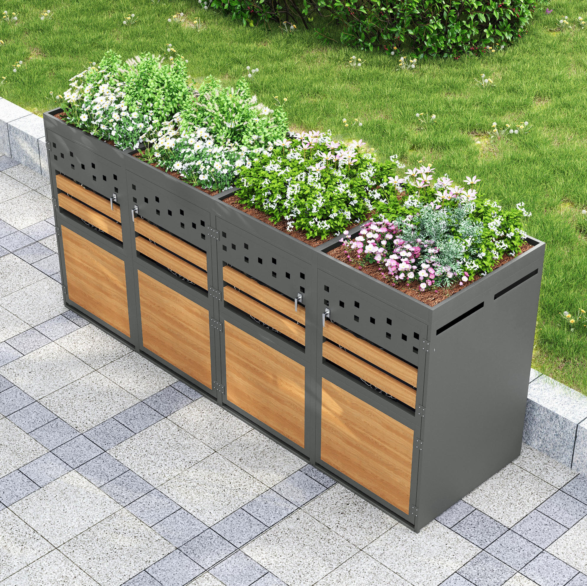 Modfu BOX na 4 popelnice z kovu 264x80x125 cm antracitová/přírodní s výsadbovým víkem, uzamykatelnými dvířky a možností rozšíření