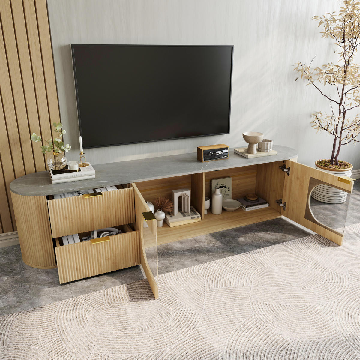 TV-SCHRANK Lowboard Holzoptik 3D Streifen Glasvitrine - Naturfarben, Holz (172/45.5/38cm) - LEBENLANG