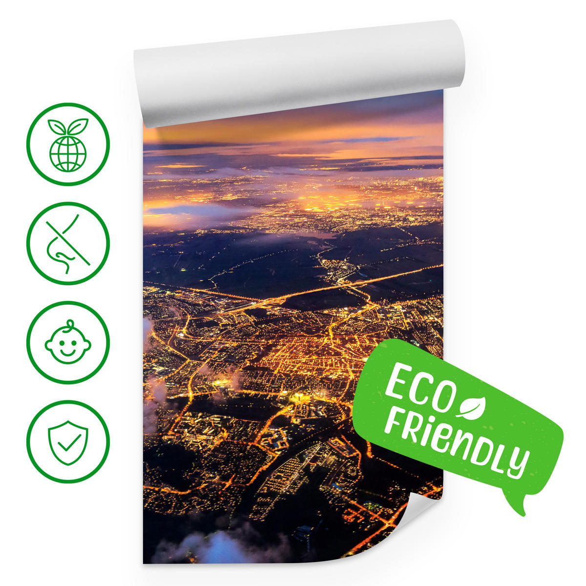 FOTOTAPETE für Wohnzimmer Vogelperspektive Beleuchtete Stadt Skyline 300x210 - Gelb/Orange, Papier (300/210cm) - Muralo