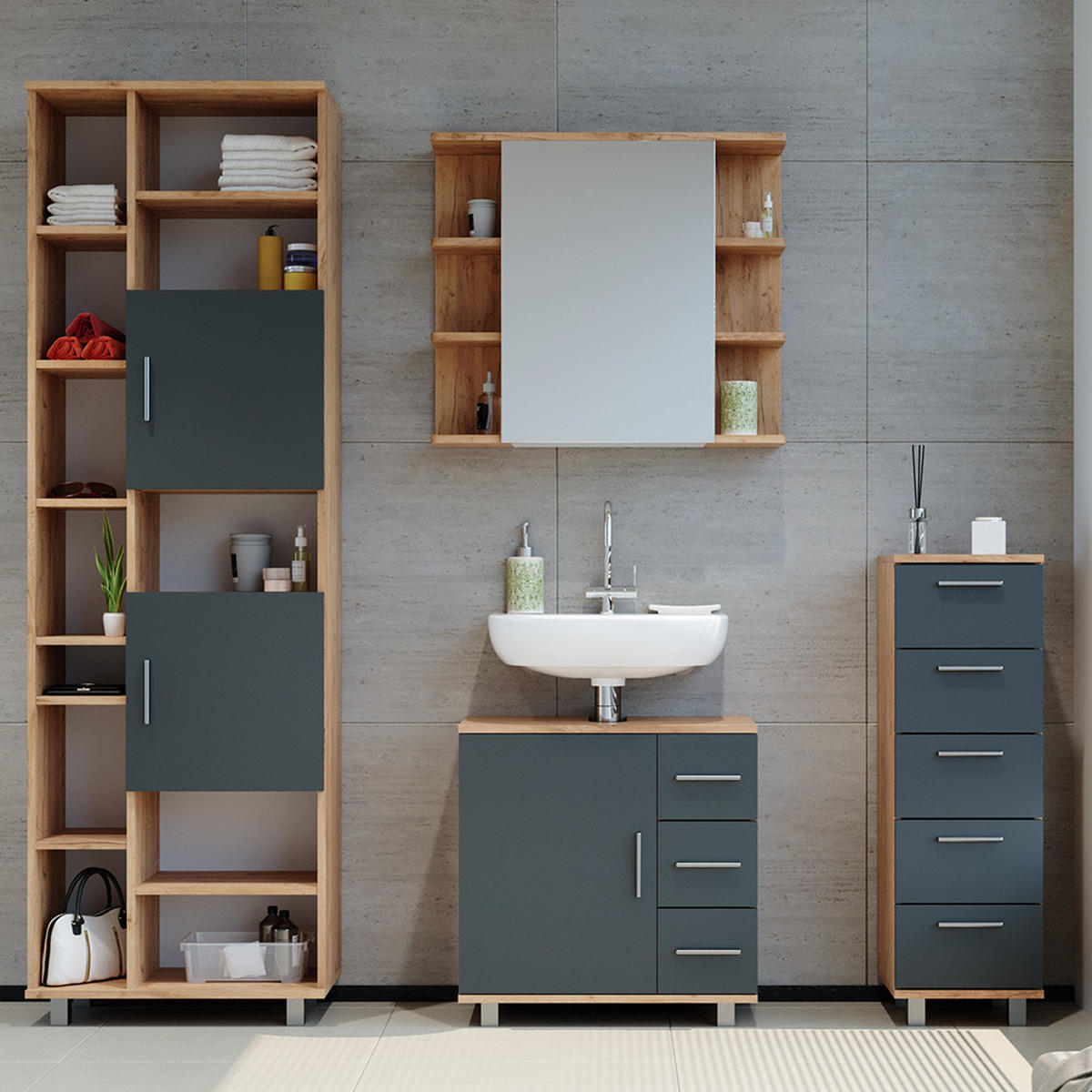 BADMÖBEL-SET Ilias Eiche 4 Teile - Eichefarben/Anthrazit, Holzwerkstoff (60/60/33cm) - Vicco