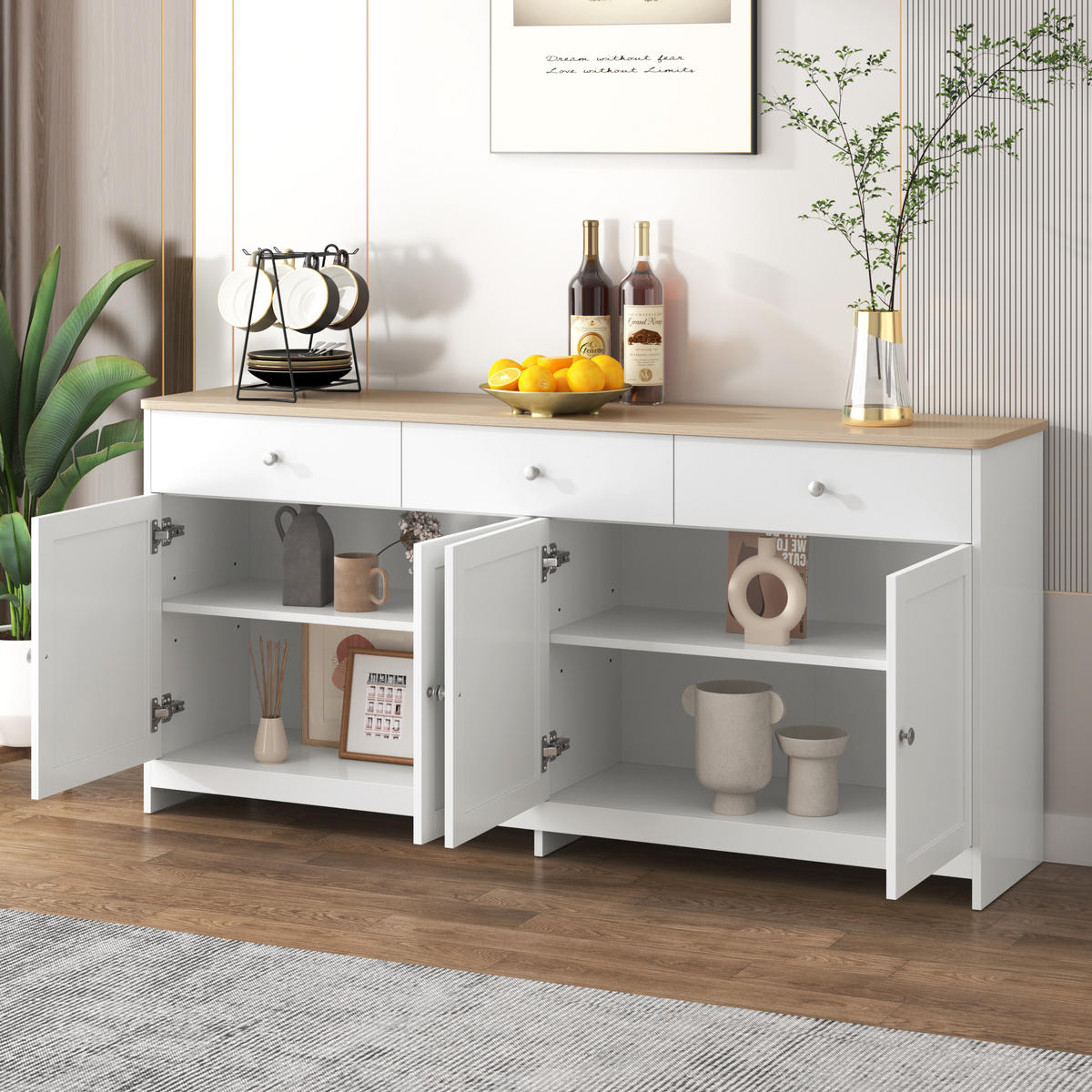SIDEBOARD 160/37/75 cm, 3 Schubladen und 4 Türen, verstellbare Böden, MDF, Weiß und Holzfarbe - Weiß, Holzwerkstoff (160/75/37cm) - Redom