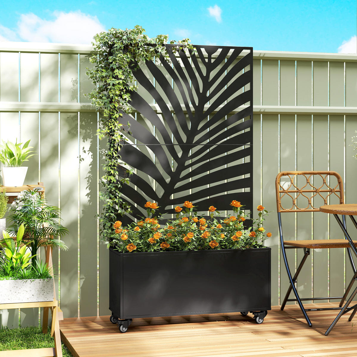 HOCHBEET DE-12311 mit Sichtschutz u. Rollen, 90/30/160 cm Schwarz - Schwarz, Metall (90/160/30cm) - ComfortXL