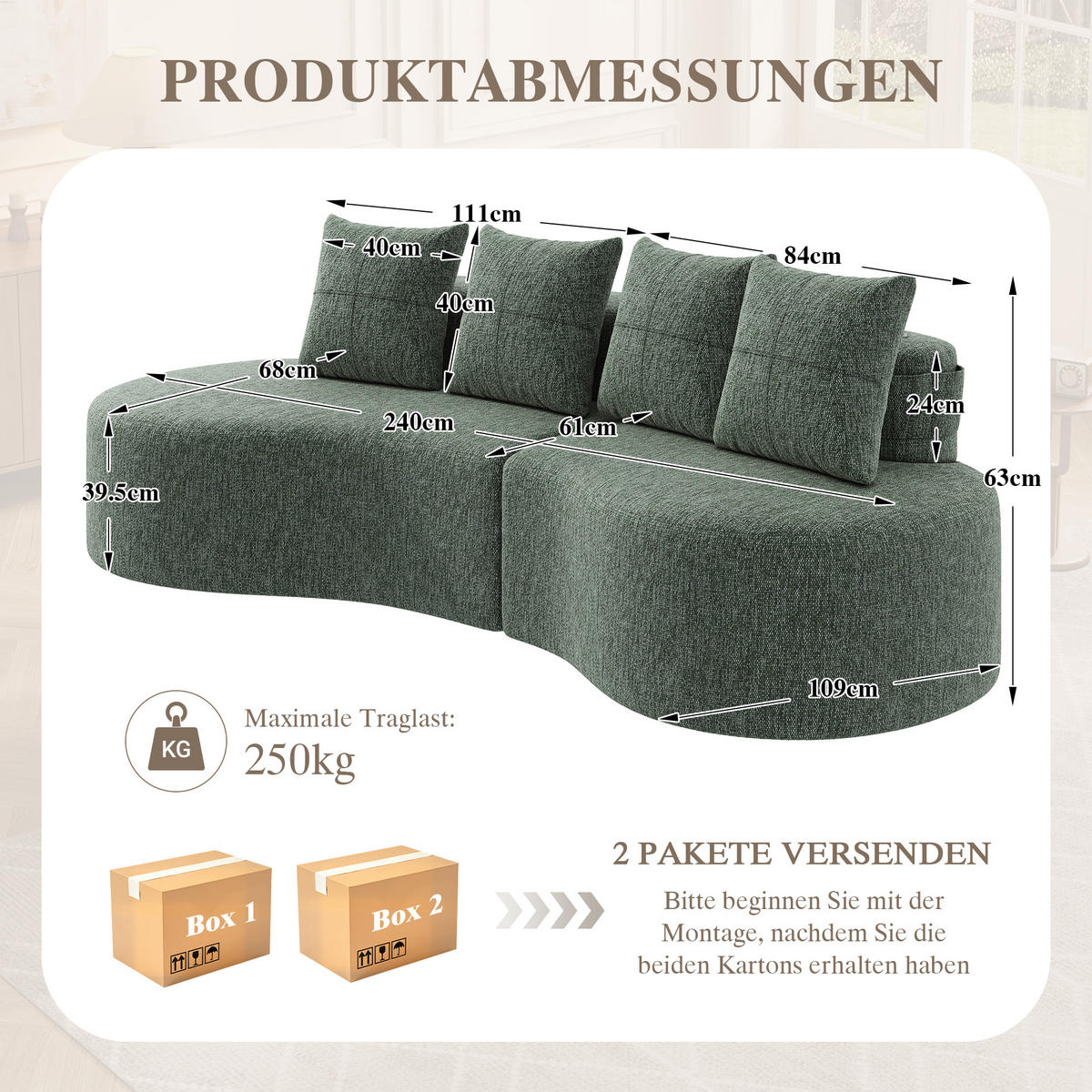 3-SITZER SOFA leinenstoff farbwahl mit getränkehalter & seitentaschen - Grün, Textil (240/63/109cm) - Urban Meuble