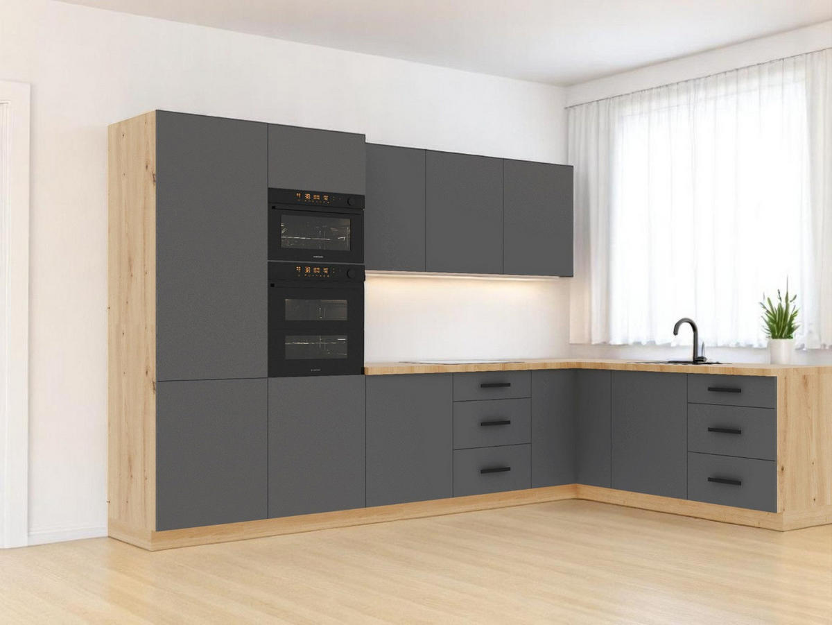 ECKKÜCHE 330 x 210 cm – Nexa K100-G330 – in Grau / Matt - Schwarz/Grau, Holz/Metall (330/212/58cm) - ROYAL24_MARKT