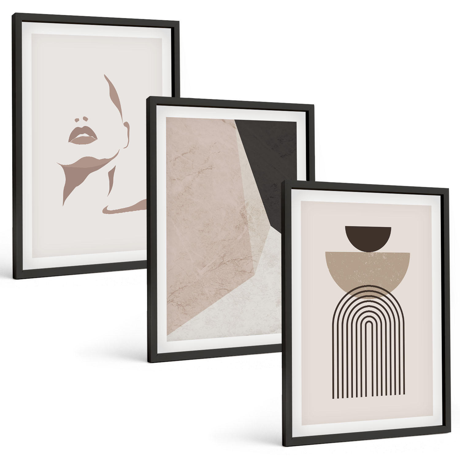 BILDER SET 3er Set - 40x60 cm Schwarzer Rahmen - Abstrakte Gesichtsformen - Schwarz, Kunststoff (40/60cm) - TULUP