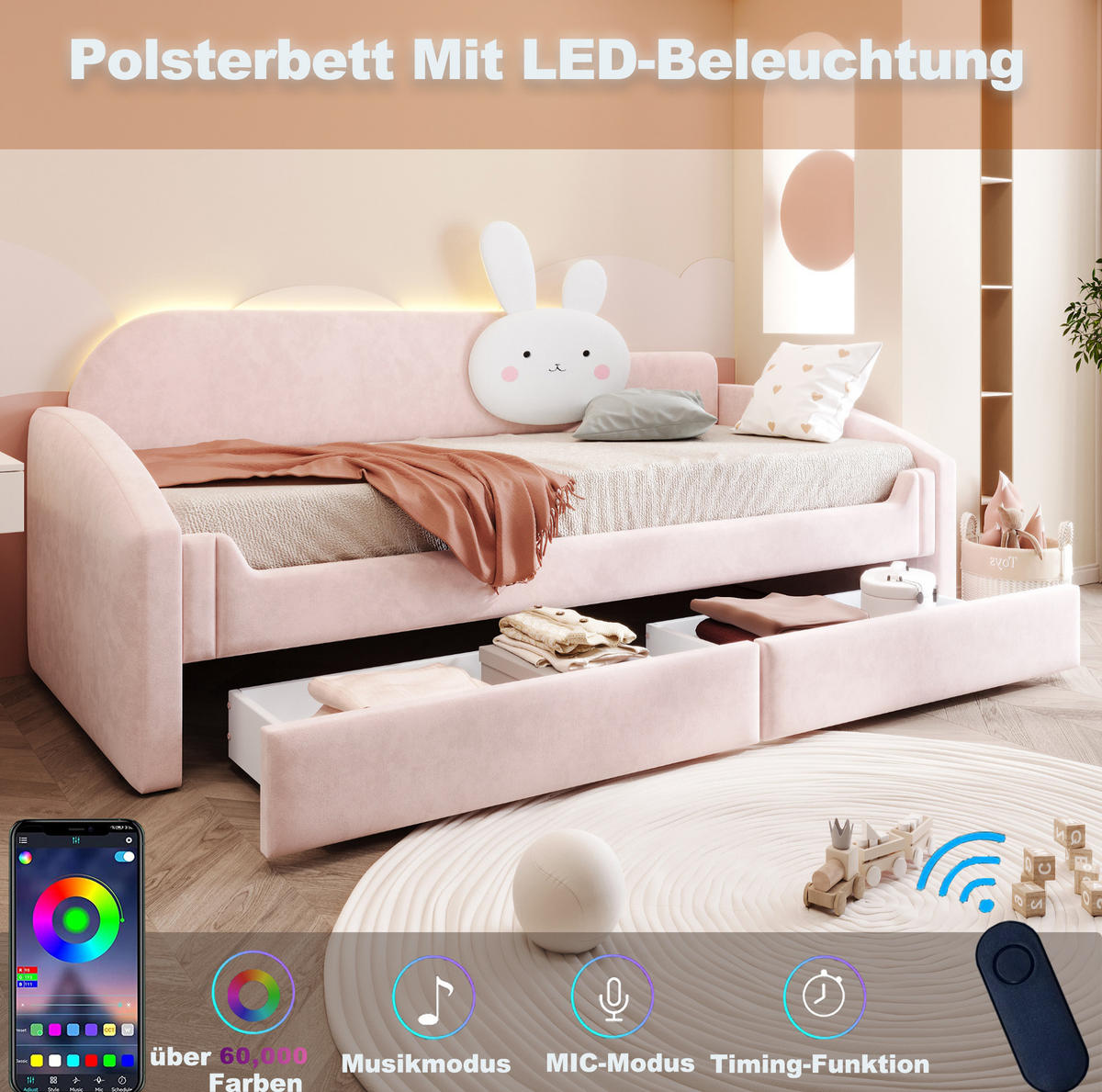 KINDER-POLSTERBETT 90x200 cm in Rosa mit LED-Beleuchtung und 2 Schubladen - Pink, Textil (90/200cm) - IVMEU