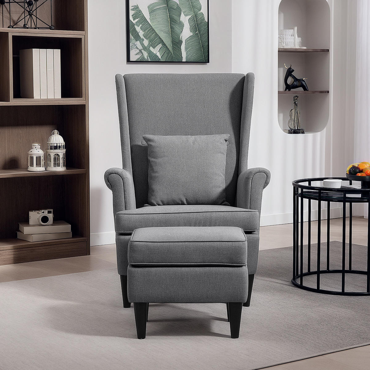 OHRENSESSEL mit Hocker Sessel mit Leinenoptik, Lendenkissen für Wohnzimmer Grau - Grau, Kunststoff (75/104/83cm) - HOMCOM