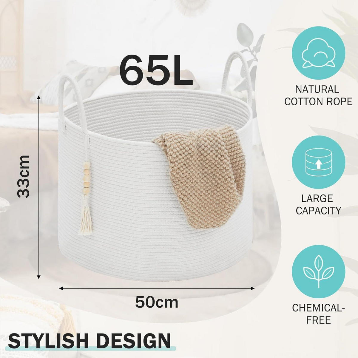 WÄSCHEKORB 65L Baumwollseil Weiß 50 x 33 cm - Weiß, Textil (50/33/50cm)
