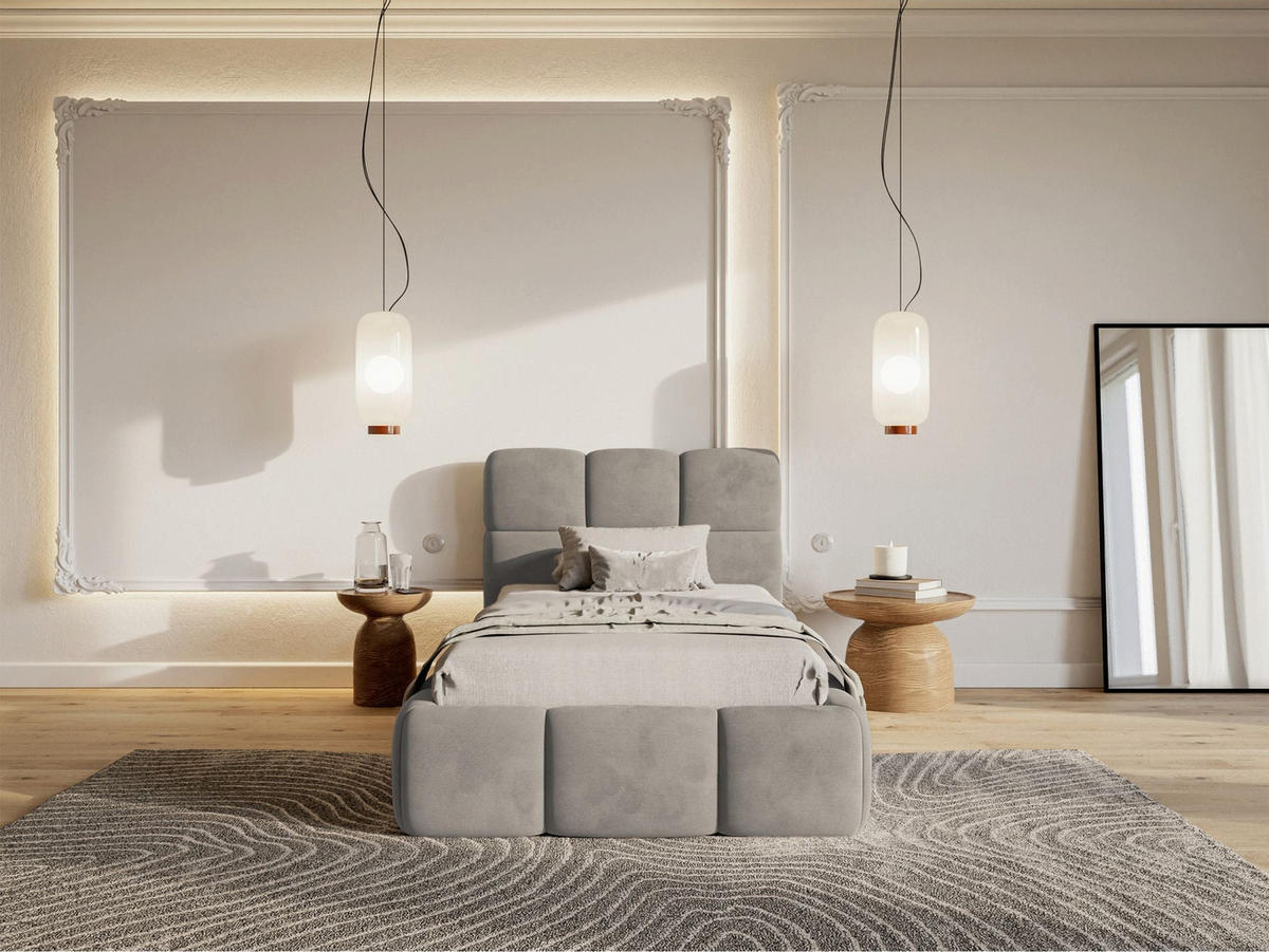 POLSTERBETT Cloudy Hellgrau Samt, Bettkasten & Lattenrost, 90x200 cm - Hellgrau/Schwarz, Kunststoff/Textil (90/200cm) - Selsey