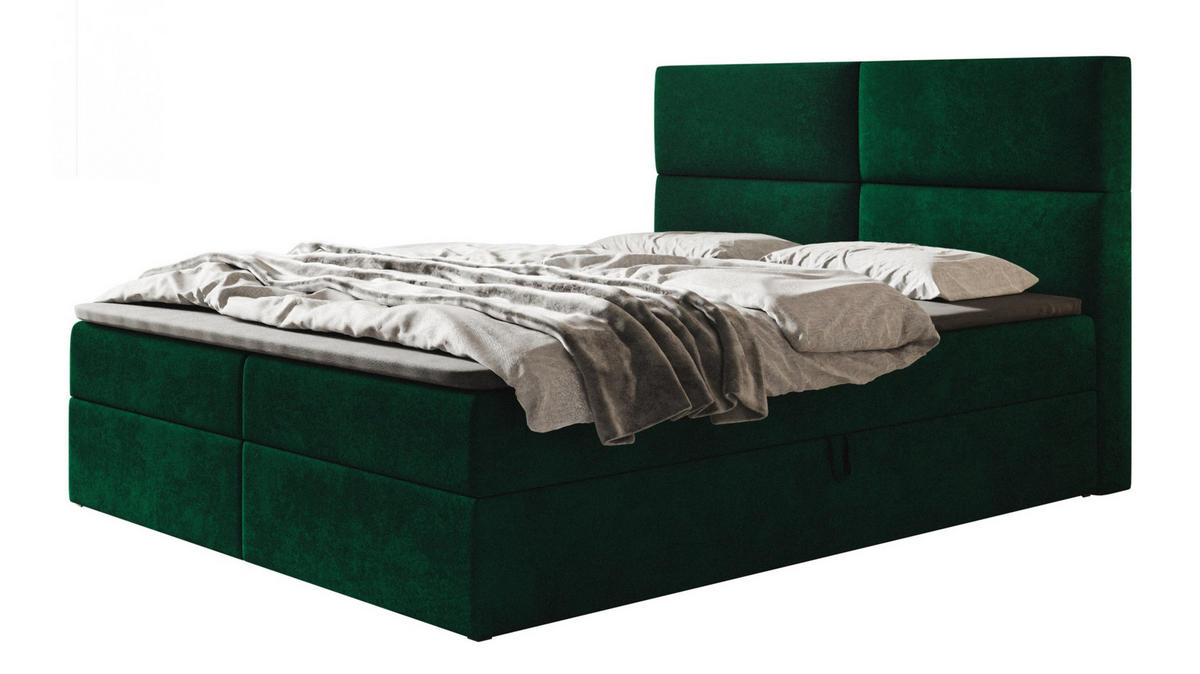 BOXBETT LIZBONA mit 2 Bettkästen, 180x200, Farbe: Dunkelgrün, Velourstoff, Doppelbett mit Bonell-Matratze - Dunkelgrün, Holz/Kunststoff (180/200cm) - Alpi-Möbel