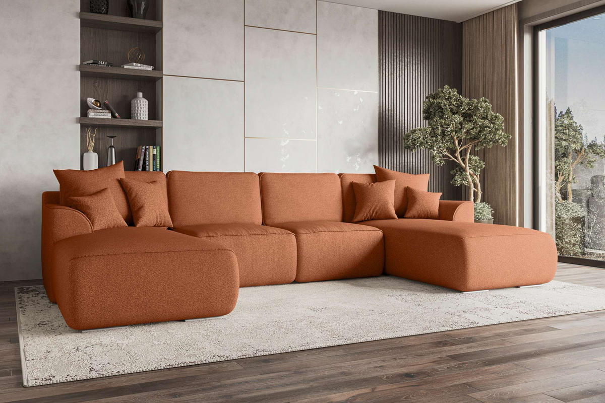 WOHNLANDSCHAFT GUSTO Strukturstoff Rostfarben inkl. Schlaffunktion - Chromfarben/Rostfarben, Kunststoff/Textil (306/96/194cm) - 99rooms