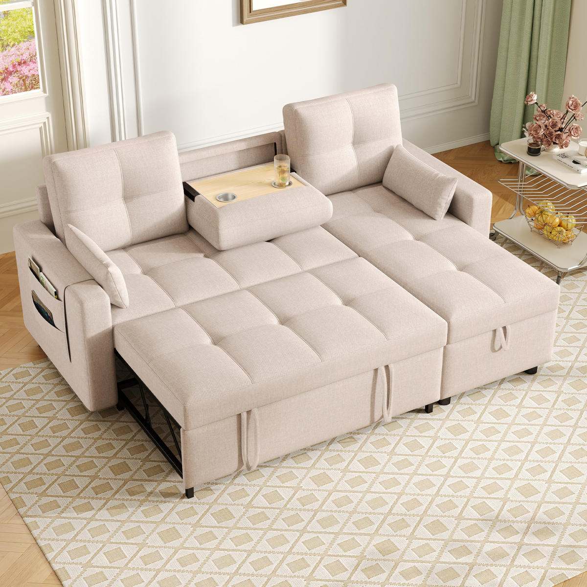SCHLAFSOFA 211/136 cm in Beige – mit Bettkasten und Chaiselongue - Beige, Textil (136/87/211cm) - BEAOK