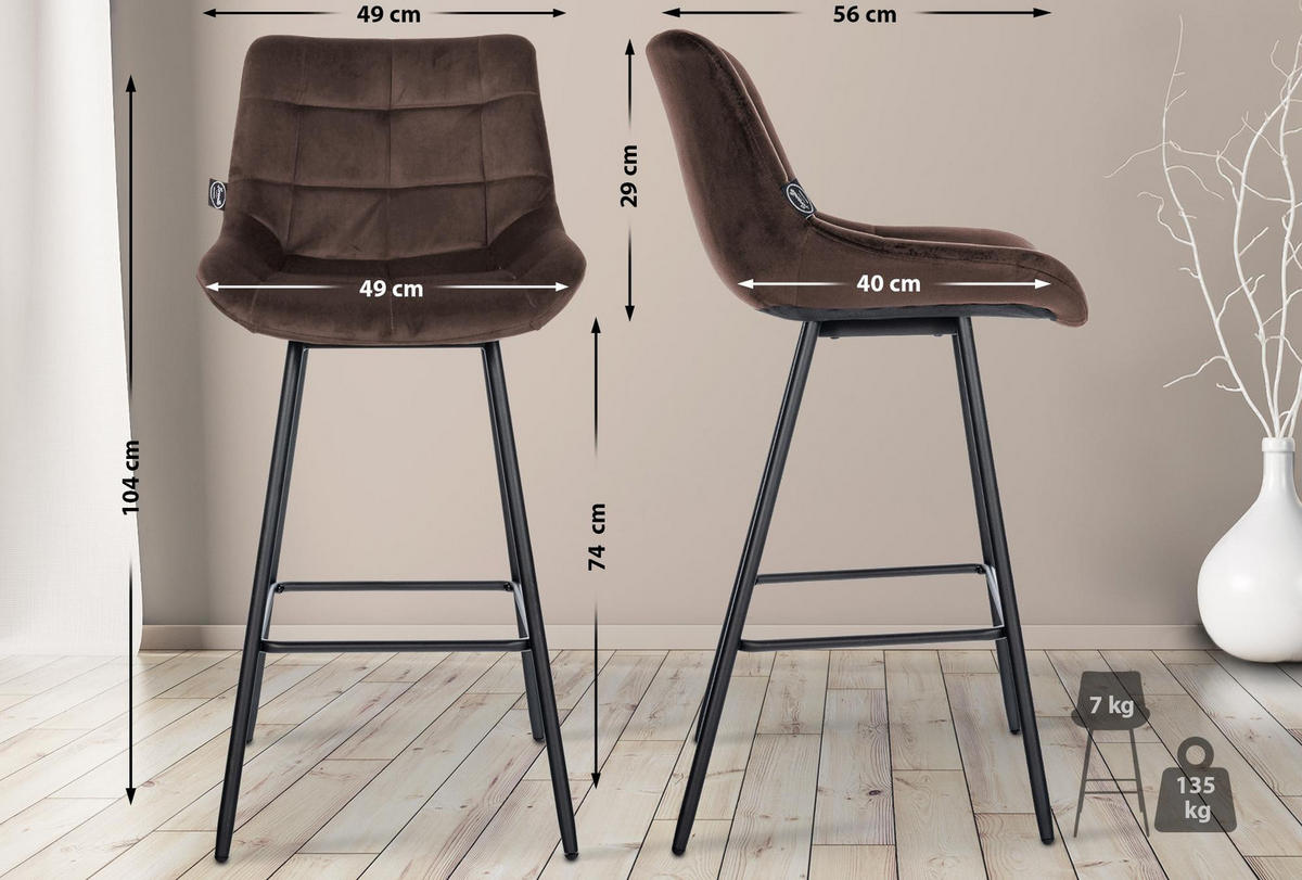 BARHOCKER Samt braun - Schwarz/Braun, Textil/Metall (49/104/56cm) - CLP
