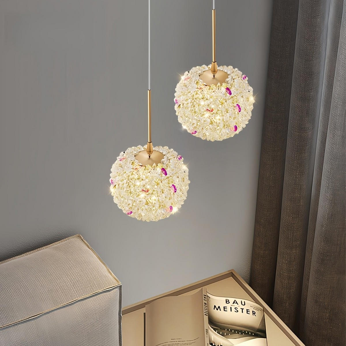 PENDELLEUCHTE Hortensie Kristall Kugel, höhenverstellbar Esszimmer Wohnzimmer - Platinfarben, Naturmaterialien (12/12/12cm) - Weltevree