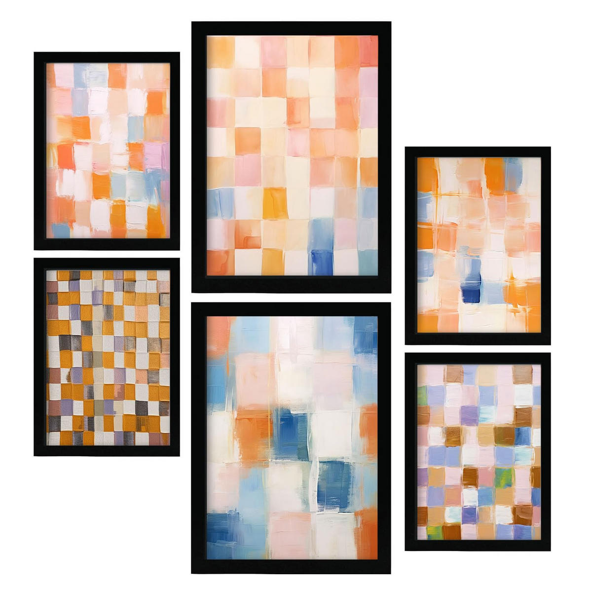 POSTER Set Mit 6 Orange & Blau Mosaik 2 A3 & A4 Schwarzer Rahmen - Schwarz, Papier (29/3cm) - Nacnic