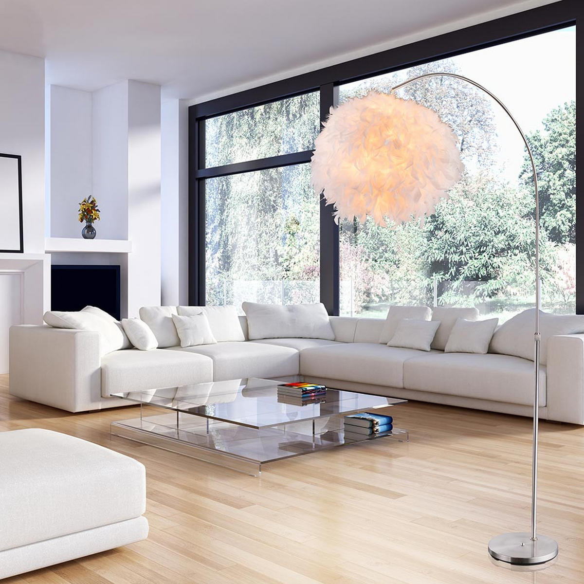 LED STEHLEUCHTE KATUNGA Silber Federschirm - Silberfarben, Metall (96/96/196cm) - Globo Lighting