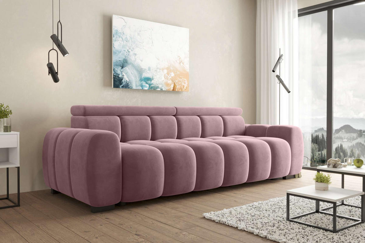 BIGSOFA ALESSIO Velours Rosa mit elektrischer Sitztiefenverstellung - Rosa, Kunststoff/Textil (248/77/108cm) - 99rooms
