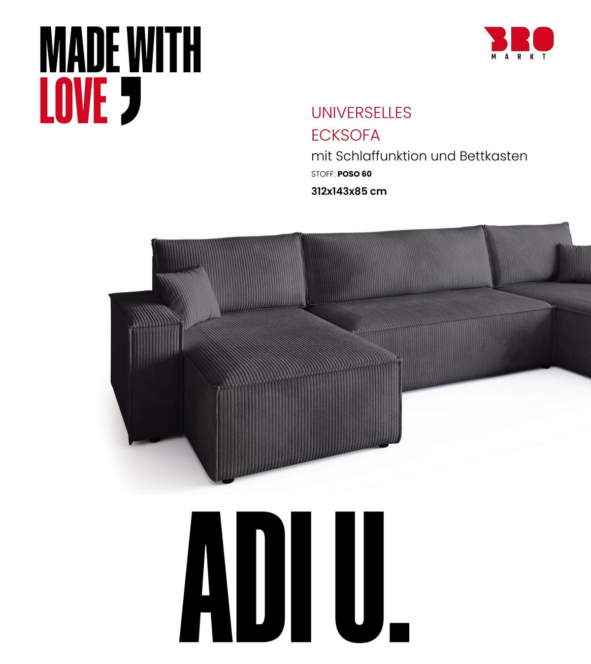 WOHNLANDSCHAFT ADI U mit Schlaffunktion Cordstoff Grau - Grau, Textil (312/85/143cm) - Bromarkt