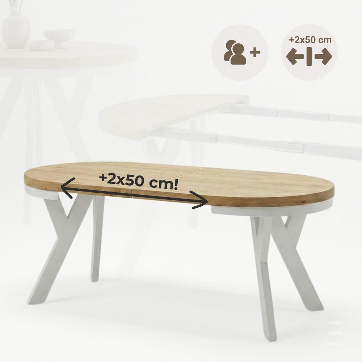 ESSTISCH Runder Ausziehbarer PERO 100/200 mit einem Ring-Gestell, Franklin Nuss / Weiß - Dunkelbraun/Weiß, Holz (200/100/77cm) - Dekori_Interiors