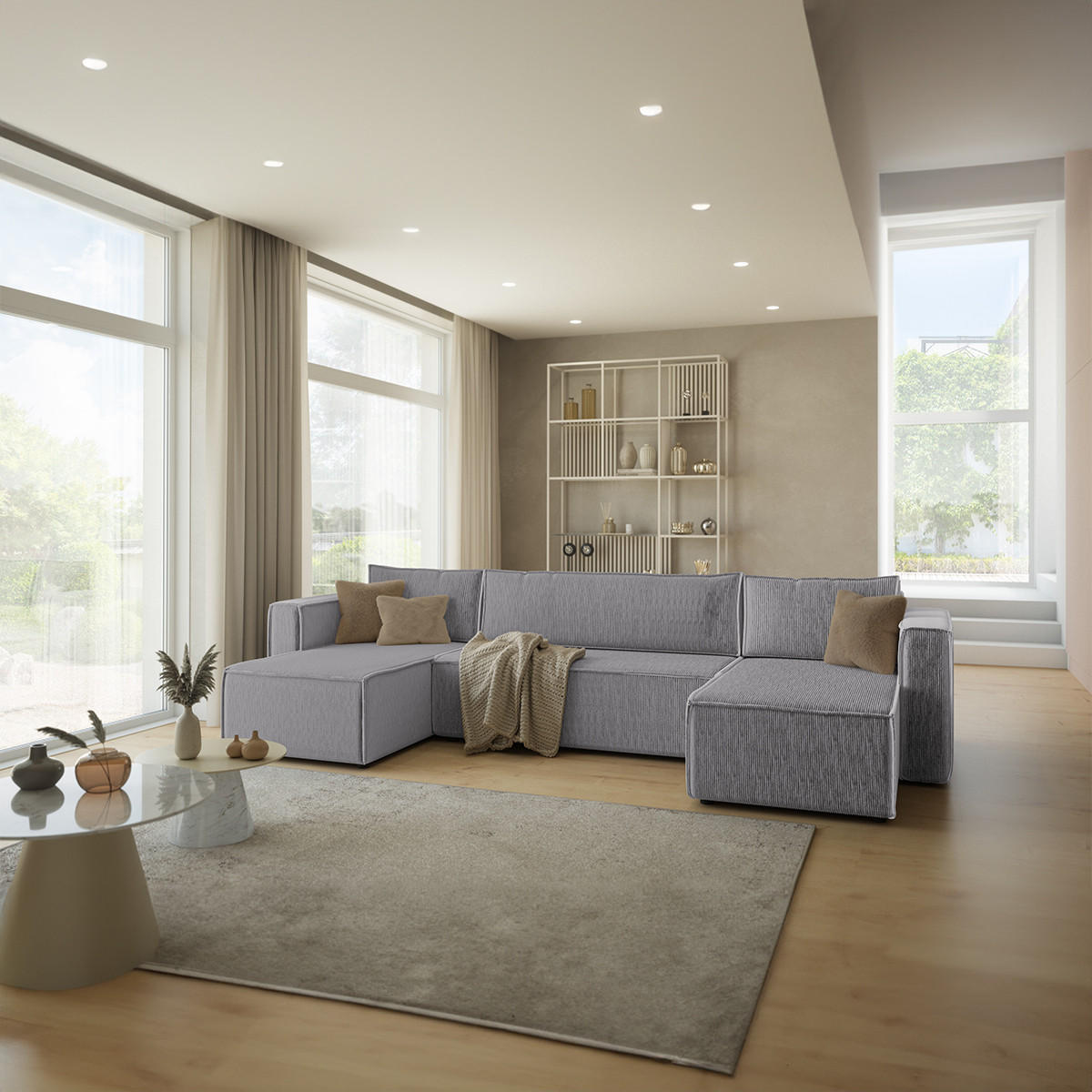 PANORAMASOFA Ezekiel 5 Sitzplätze Hellgrau - Grau, Holz (309/73/145cm) - Petits-meubles