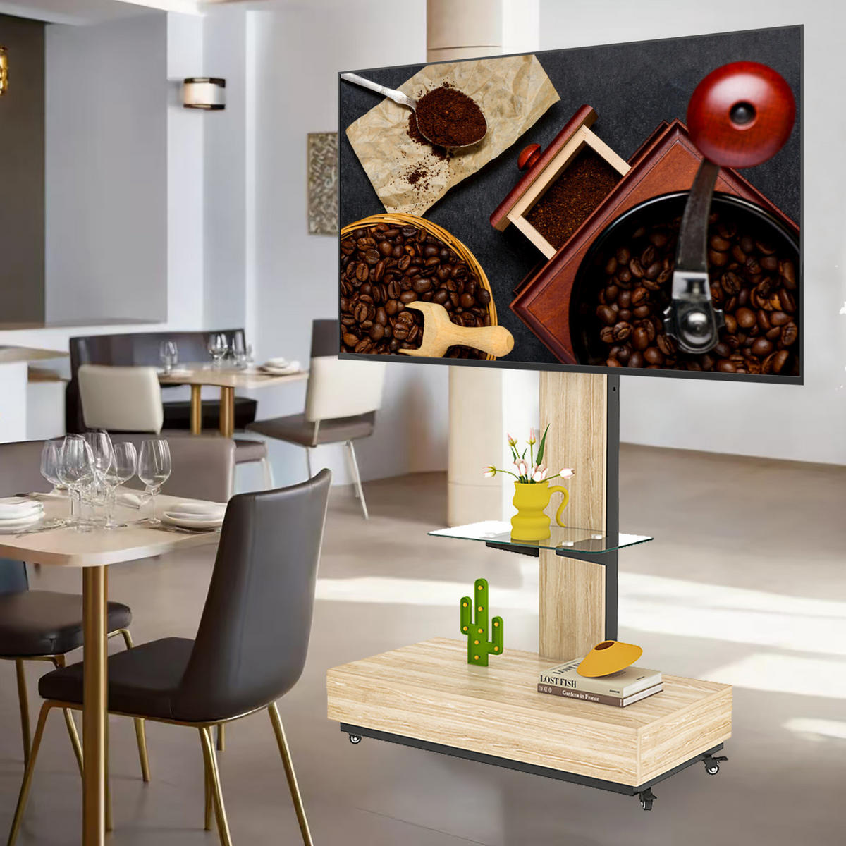 TV-HALTERUNG auf Rollen für 32–75 Zoll – höhenverstellbar & schwenkbar - Hellbraun, Holzwerkstoff (80/150/40cm) - BEAOK