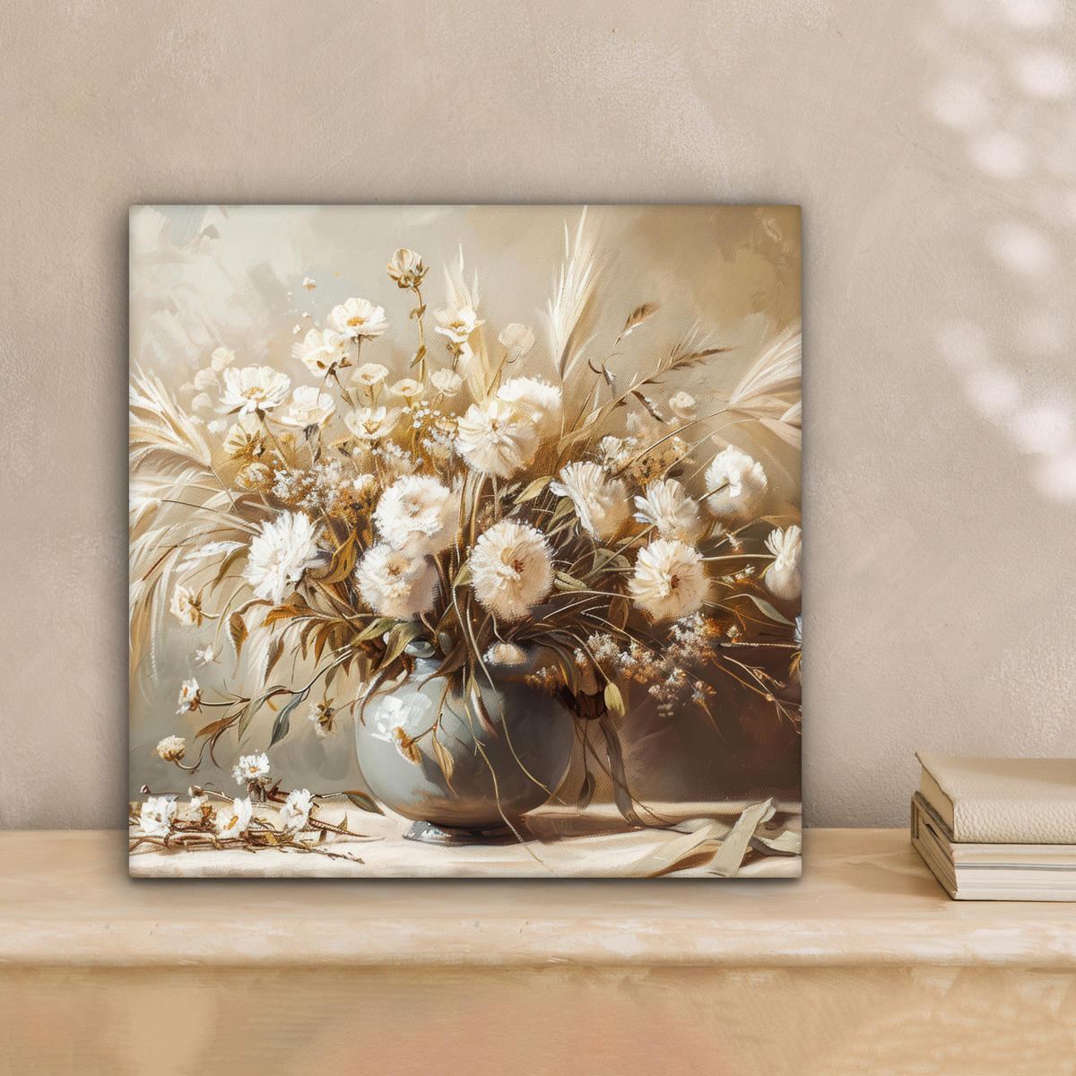 LEINWANDBILD Blumen - Vase - Stilleben - Beige Deko Wohnzimmer 20x20 cm - Creme, Textil (20/20cm) - MuchoWow
