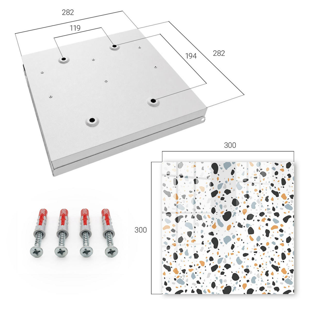 SCHLÜSSELBOX Weiß 30x30 cm – Türöffnung nach rechts - Terrazzo-Muster - Schwarz, Metall (30/30/5cm) - TULUP
