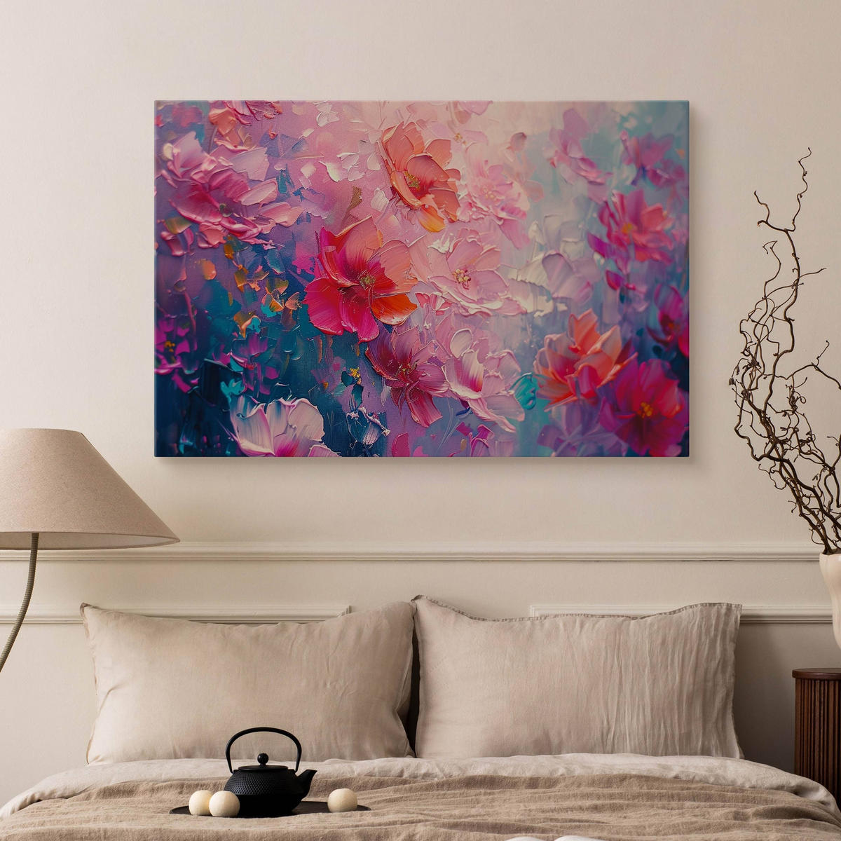 LEINWANDBILD Abstraktion Blumen Malarei 90x60 cm - Blau/Rot, Textil (90/60cm) - Muralo