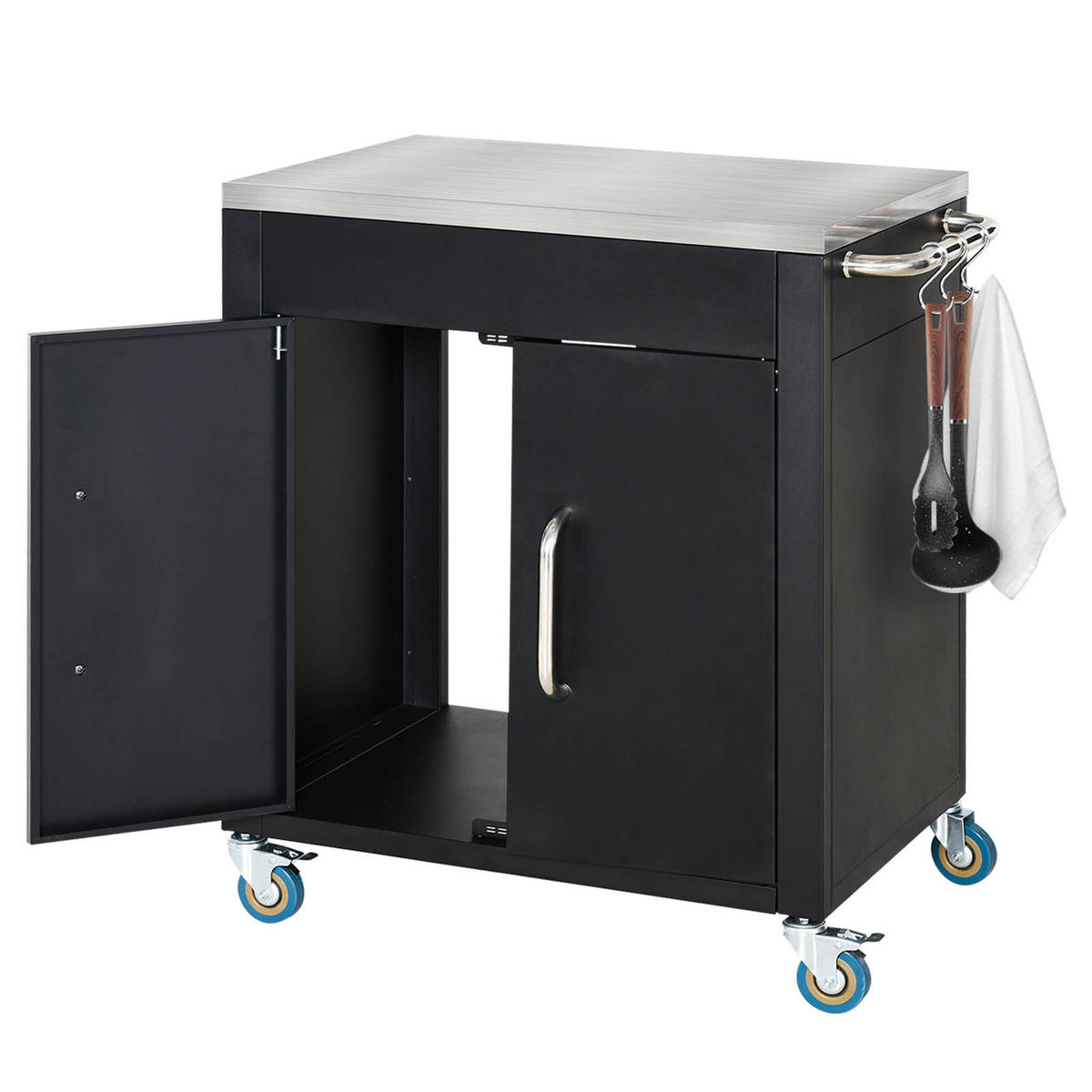 GRILLWAGEN DE-10113 mit Schrank und Haken, Edelstahlplatte Schwarz - Schwarz, Metall (50/86.5/86cm) - ComfortXL
