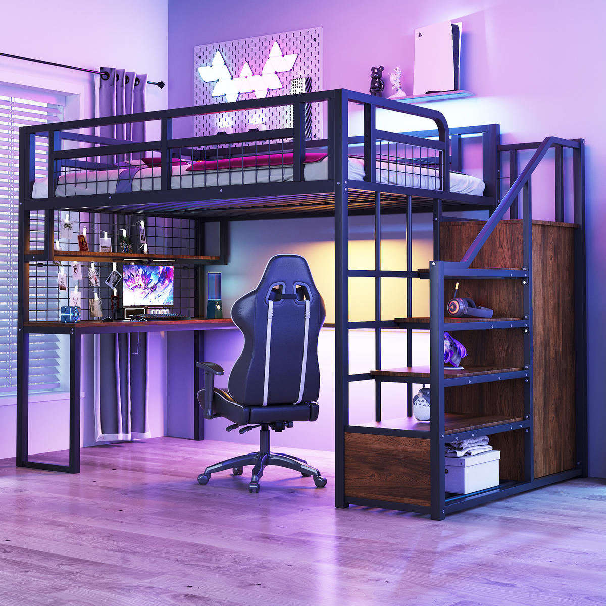 HOCHBETT 140/200 cm in Schwarz mit Stauraumtreppe, Kleiderschrank, Tisch, Regal, Lichtleiste und Steckdose - Schwarz, Holz/Metall (140/200cm) - STILVORA