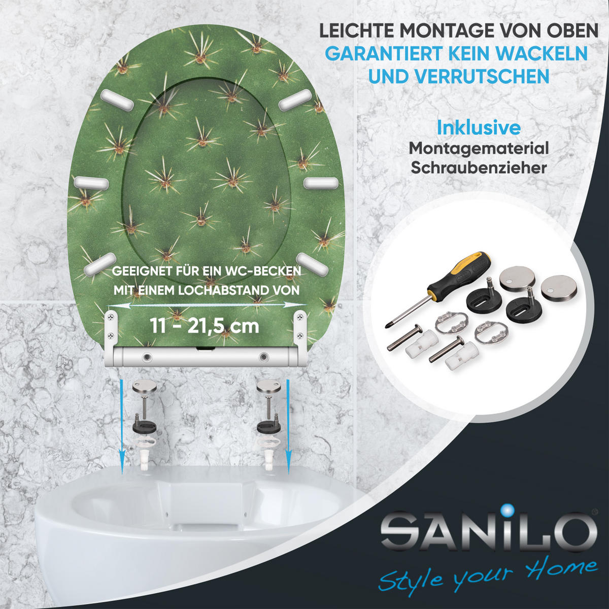 WC-SITZ mit Absenkautomatik & Top Fix Kaktus - Grün, Holzwerkstoff (37.7/5.5/48cm) - Sanilo