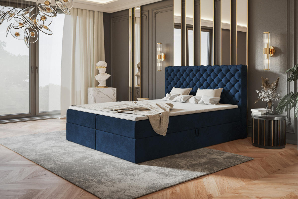 BOXBETT MIAMI mit 2 Bettkästen, 120x200, Farbe: Dunkelblau, Velourstoff, Doppelbett mit Bonell-Matratze - Dunkelblau, Holz/Kunststoff (120/200cm) - Alpi-Möbel