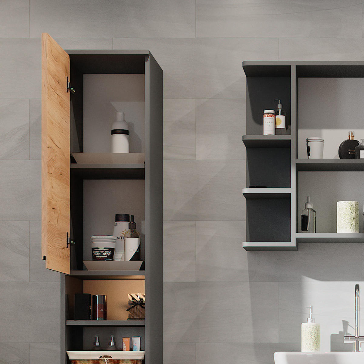 BADSCHRANK J-Shape Grau 30 x 190 cm - Eichefarben/Grau, Holzwerkstoff (30/190/30cm) - Vicco