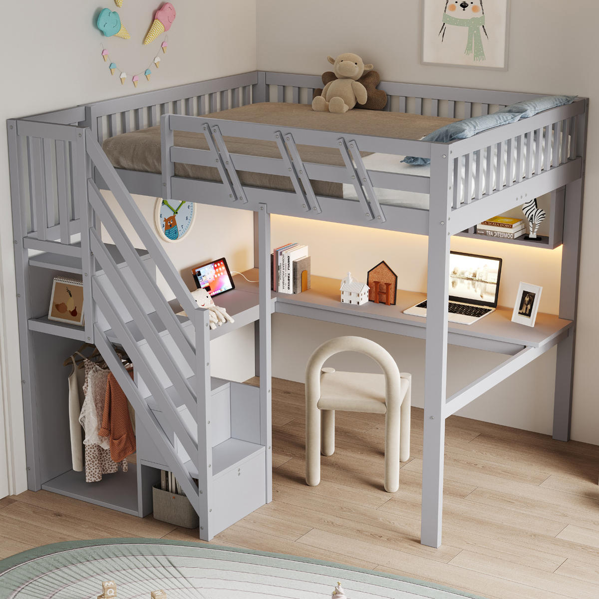 HOCHBETT 140/200 cm mit Stauraumtreppe und Schreibtisch, DE-01497, in Grau - Grau, Holzwerkstoff (140/200cm) - ComfortXL