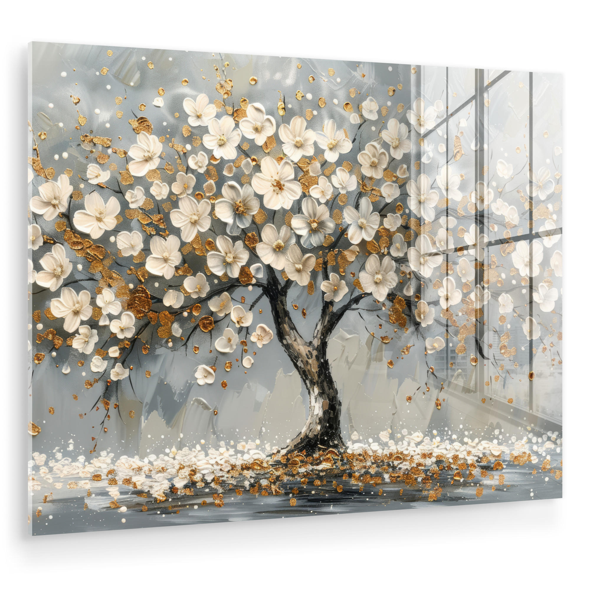 ACRYLGLASBILD Baum - Blumen - Weiß - Natur - Kunst 80x60 cm - Weiß, Glas (80/60cm) - MuchoWow