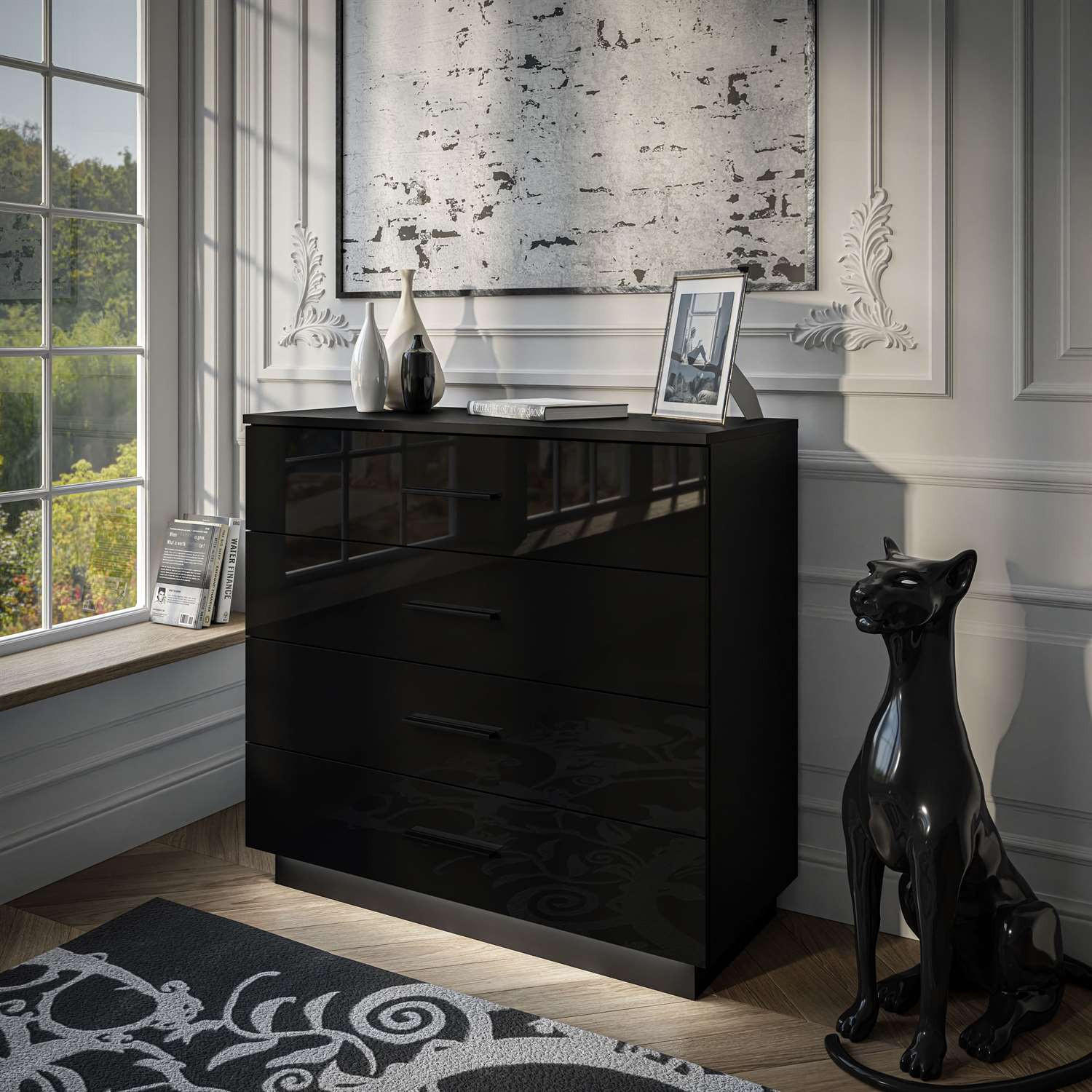 KOMMODE LINA 95 mit Griffen Schwarzer Glanz LED Griffe Schwarz - Schwarz, Holzwerkstoff (95/84/40cm) - Lookway