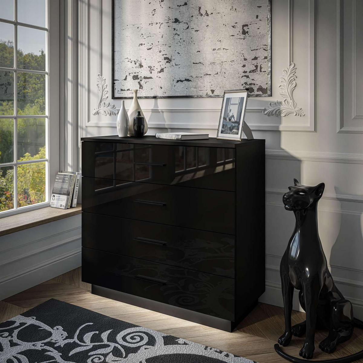 KOMMODE LINA 95 mit Griffen Schwarzer Glanz LED Griffe Schwarz - Schwarz, Holzwerkstoff (95/84/40cm) - Lookway